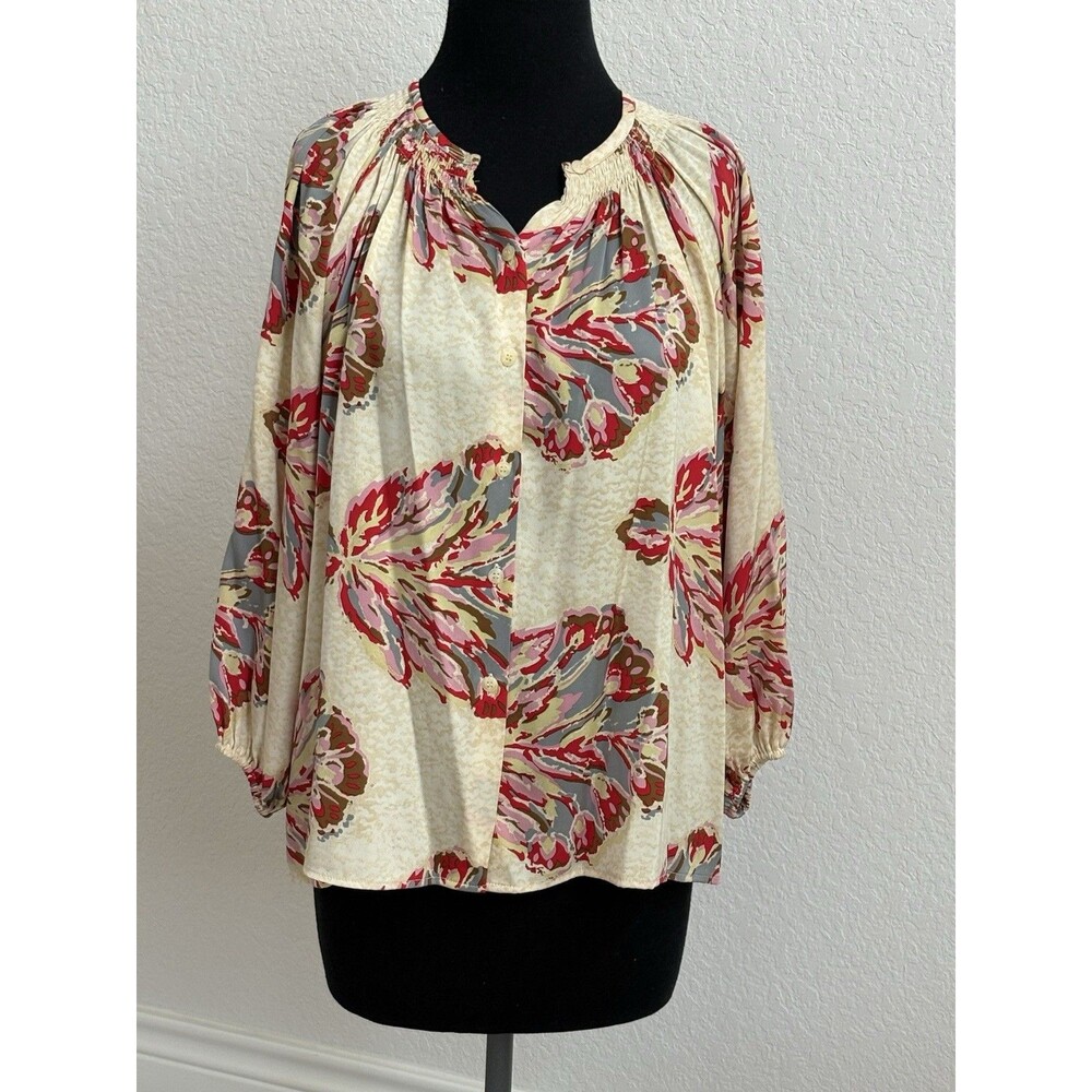TUCKER NYC Women's Button Up Blouse M/L Silk Blend Abstract Floral Print Boho